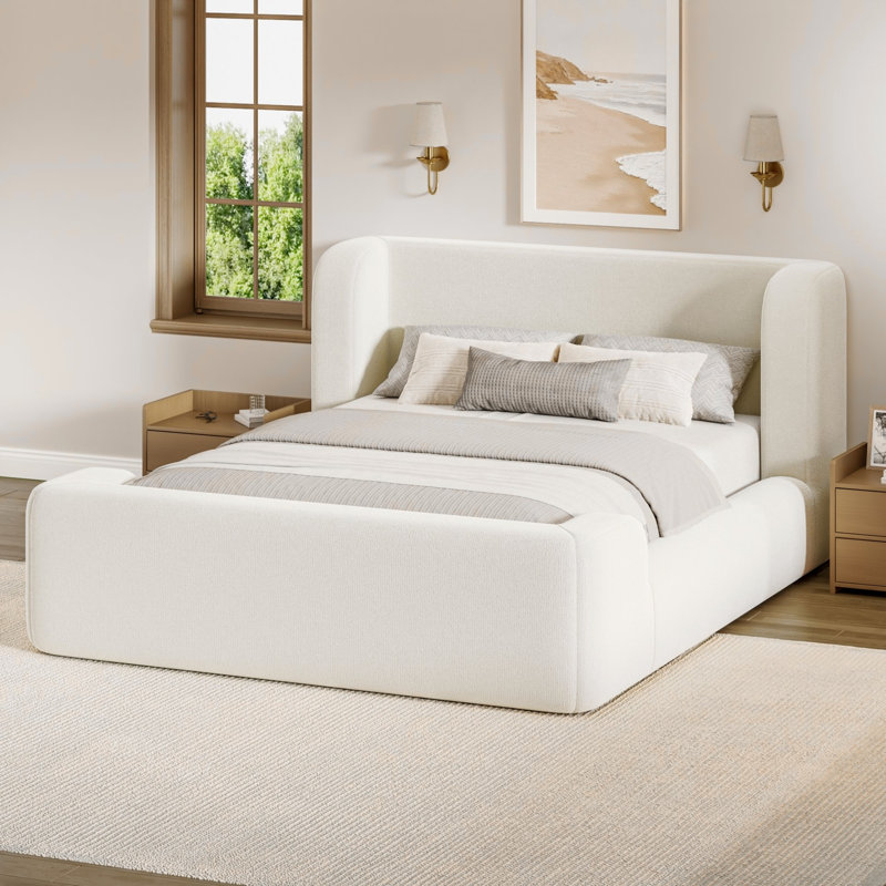 Lit plateforme tapissier grand Carmen avec tête de lit à oreilles, structure de lit tapissier en chenille, lit sommier rembourré en mousse haute densité
