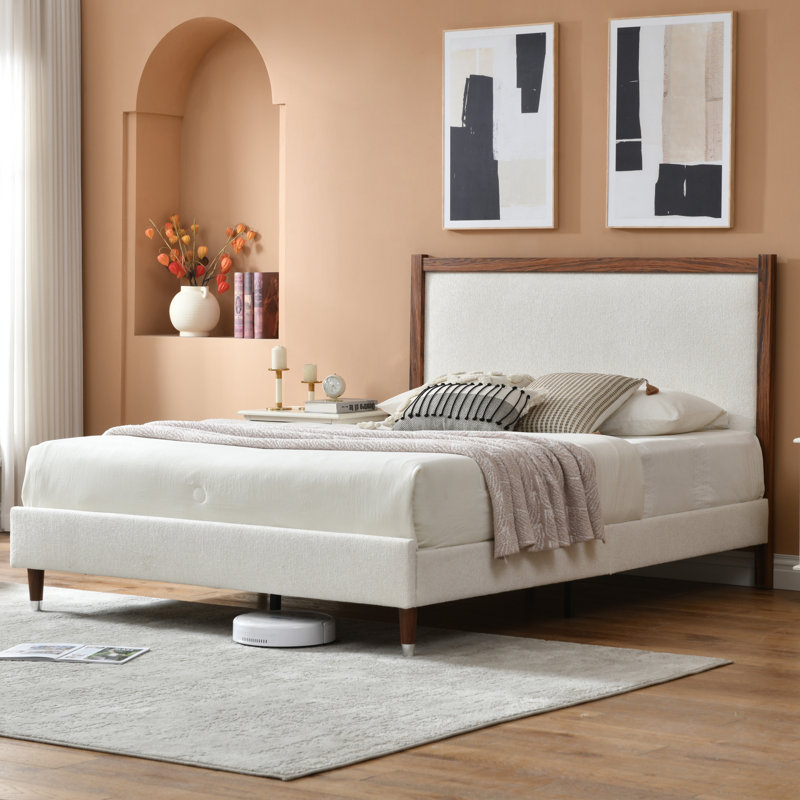 Wooden platform bed with upholstered base, Cream, Full