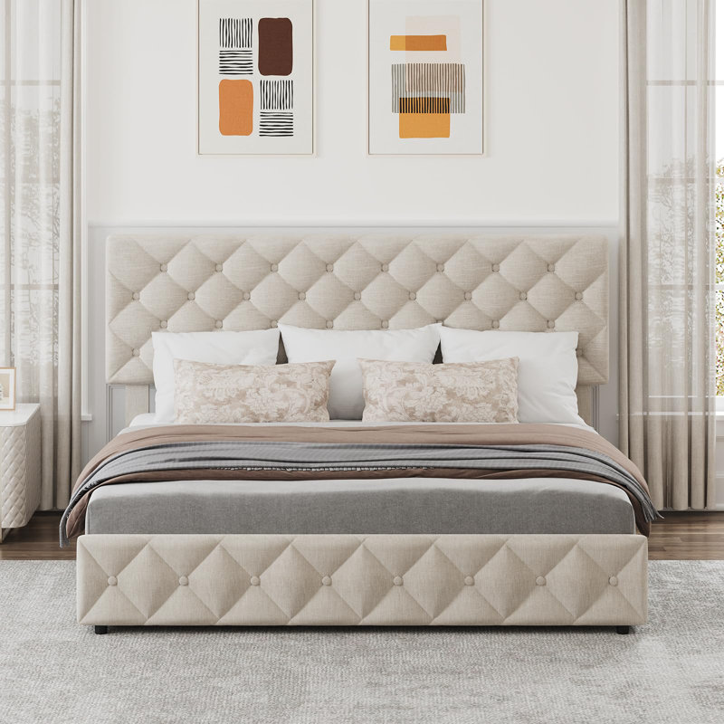 Cadre de lit Queen, cadre de lit rembourré en lin avec tête de lit réglable en hauteur, capitonnage à boutons en losange, cadre de lit plateforme Queen silencieux avec 4 tiroirs, aucun sommier requis