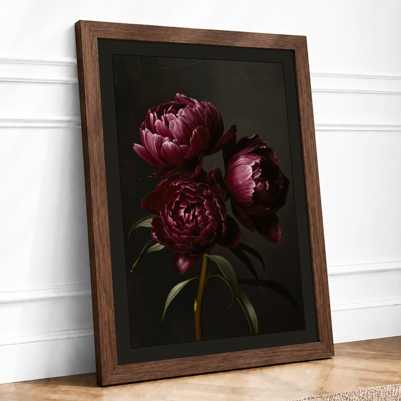 Burgundy Peonies Botanical - Framed Print, A1 - 84.1 x 59.4 cm, Walnut