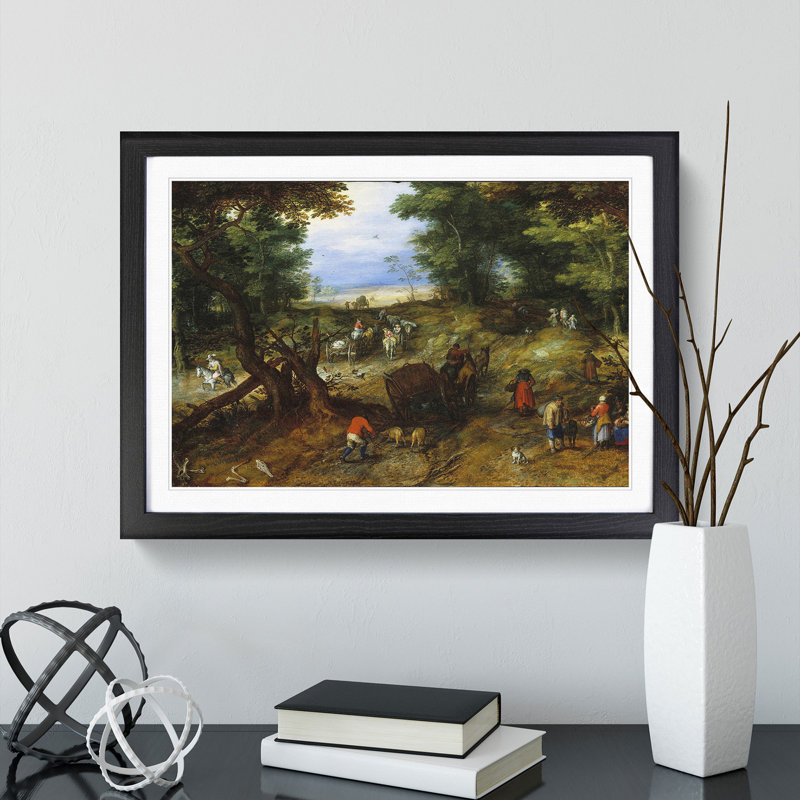 A Woodland Road with Travellers by Pieter Bruegel the Elder - Picture Frame Painting, Black Framed, 48cm H x 65cm W x 2cm D