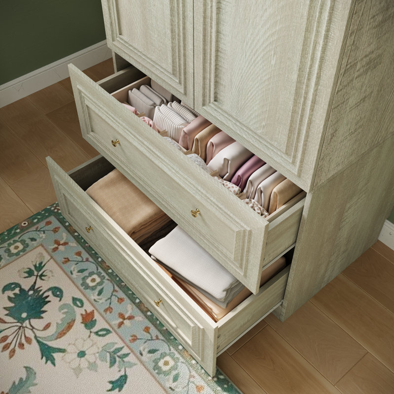 Armoire autoportante 94 po avec 2 tiroirs, armoire de rangement pour chambre à coucher et quincaillerie dorée 94 po