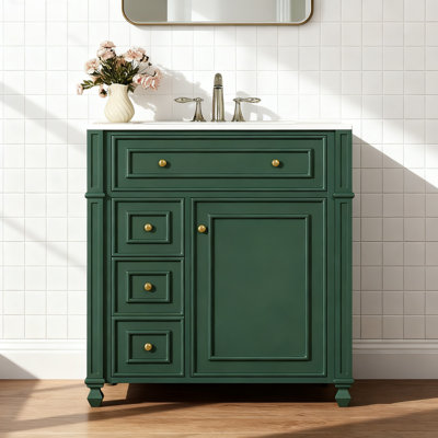 Meuble-lavabo de 30 po de largeur avec lavabo en céramique, armoire de rangement en bois avec tiroir (vert)