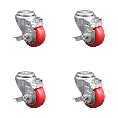 SS Polyurethane Wheel Swivel Bolt Hole Caster Set with Brake SCC