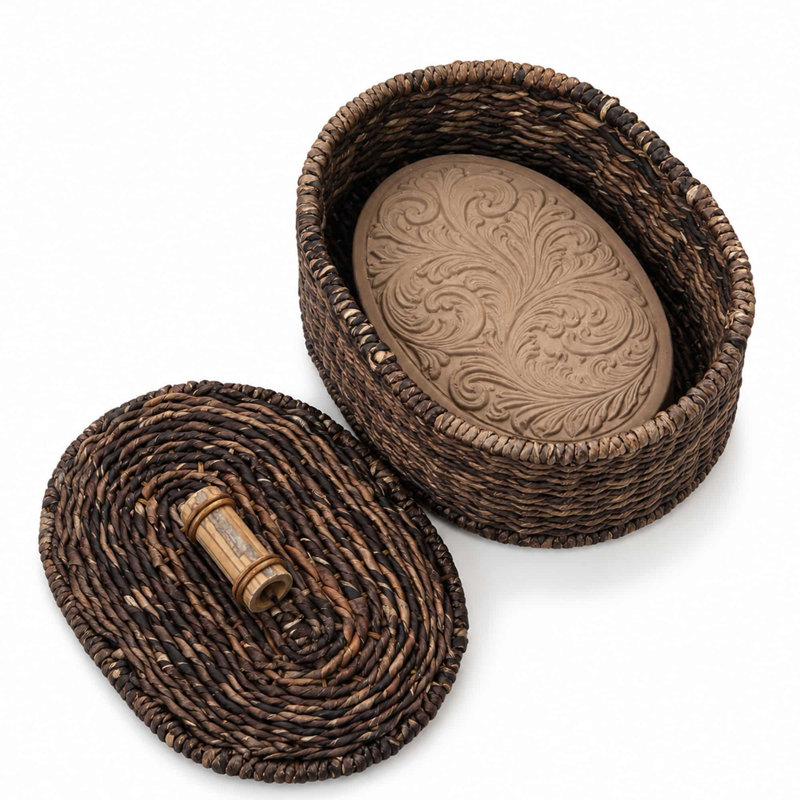 Panier chauffe-pain Éange en abaca tressé à la main avec pierre chauffante en terre cuite, motif à volutes, ovale, marron, avec couvercle