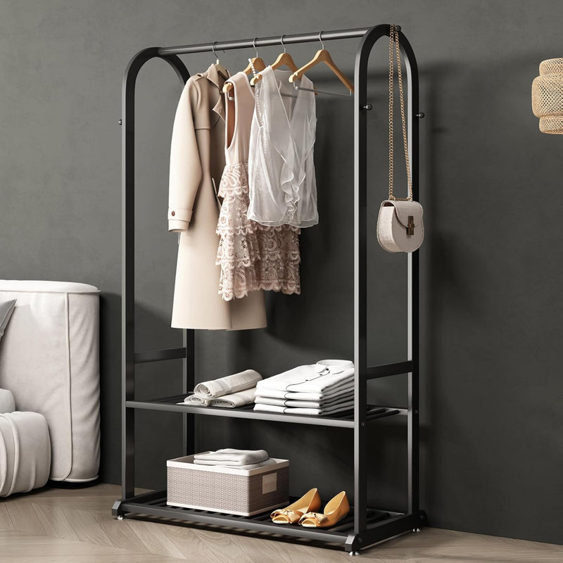 Black Heavy Duty Metal Garment Rack with Shelves and Hooks