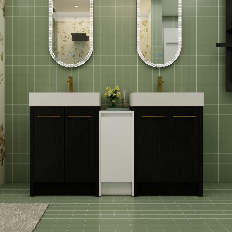 Meuble-lavabo autoportant avec lavabo en résine et armoires de rangement, avec porte à fermeture douce, ensemble KD, 60"
