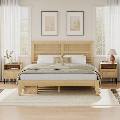Aimara 3-Piece Boho Bedroom Set, Rattan Nightstand Set of 2 & Queen Platform Bed Frame, Rattan Bedroom Furniture