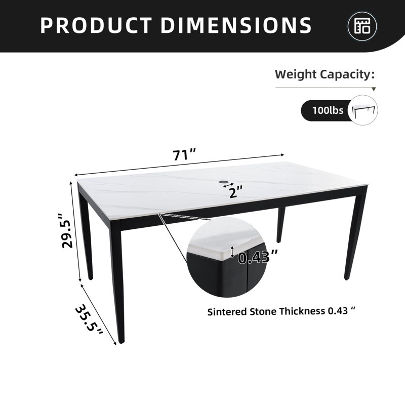 Table de salle à manger d'extérieur pour terrasse moderne en aluminium 35,5 po x 71 po, plateau en pierre frittée d'inspiration marbre blanc grec, finition noir braise, pieds fuselés en forme de poteau pour six personnes, résistant aux intempéries et à la rouille