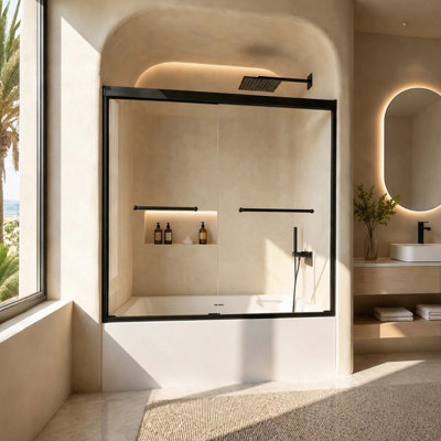 Porte de douche coulissante double en verre trempé de 56 à 60 po x H 60 po avec poignée en acier inoxydable (8 mm)