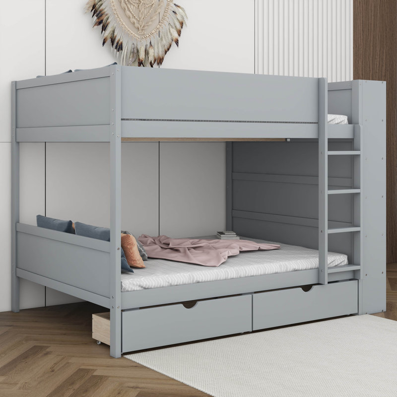 Lit superposé double au-dessus de double avec bibliothèque, cadre de lit superposé en bois avec 2 tiroirs et étagères de rangement à plusieurs niveaux pour enfants et adolescents