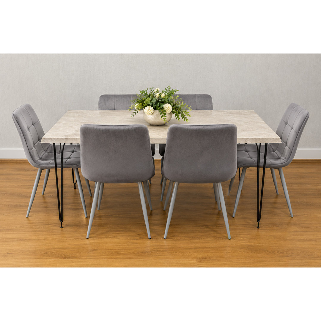 Kosy Koala 6 Seater Dining Table Set - Grey Stone Effect Melamine Top - Tufted Grey Velvet Chairs - Hairpin Legs - Image 3