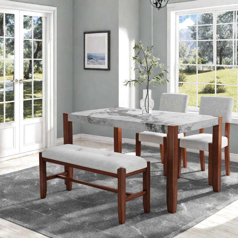 Ensemble de table de salle à manger moderne avec plateau en marbre et bois d'hévéa