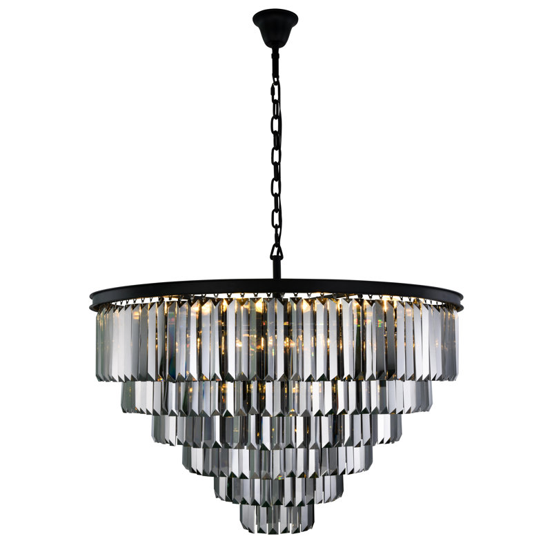 Yazmin Crystal Dimmable Tiered Chandelier, Gray, Matte Black