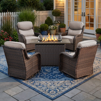 4 - Person Patio Furniture Chair Set With Fire Pit Table, 4 Swivel Glider Chairs With 6-Inch Cushions