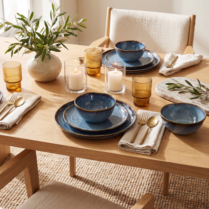 ALOFMO Handcrafted Charm 16 Piece Stoneware Dinnerware Sets-Service For 4, Blue
