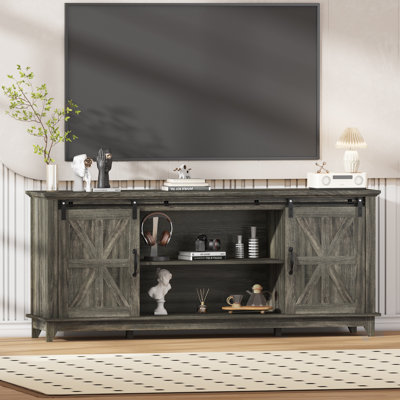 Meuble télé Modern Farmhouse pour téléviseur de 75 po - Console de 66 po avec portes de grange coulissantes - Armoires et tablettes de rangement réglables - Mobilier multimédia pour le salon - Couleur chêne