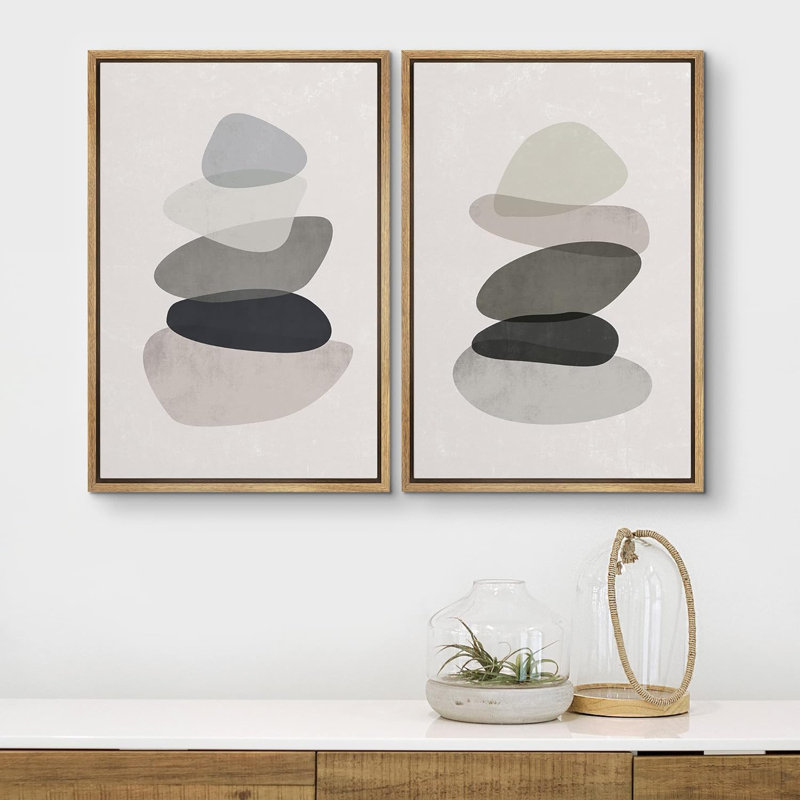 Mid-Century, formes géométriques pastel multicolores, formes abstraites modernes sur toile, 2 pièces, Cadre naturel flottant