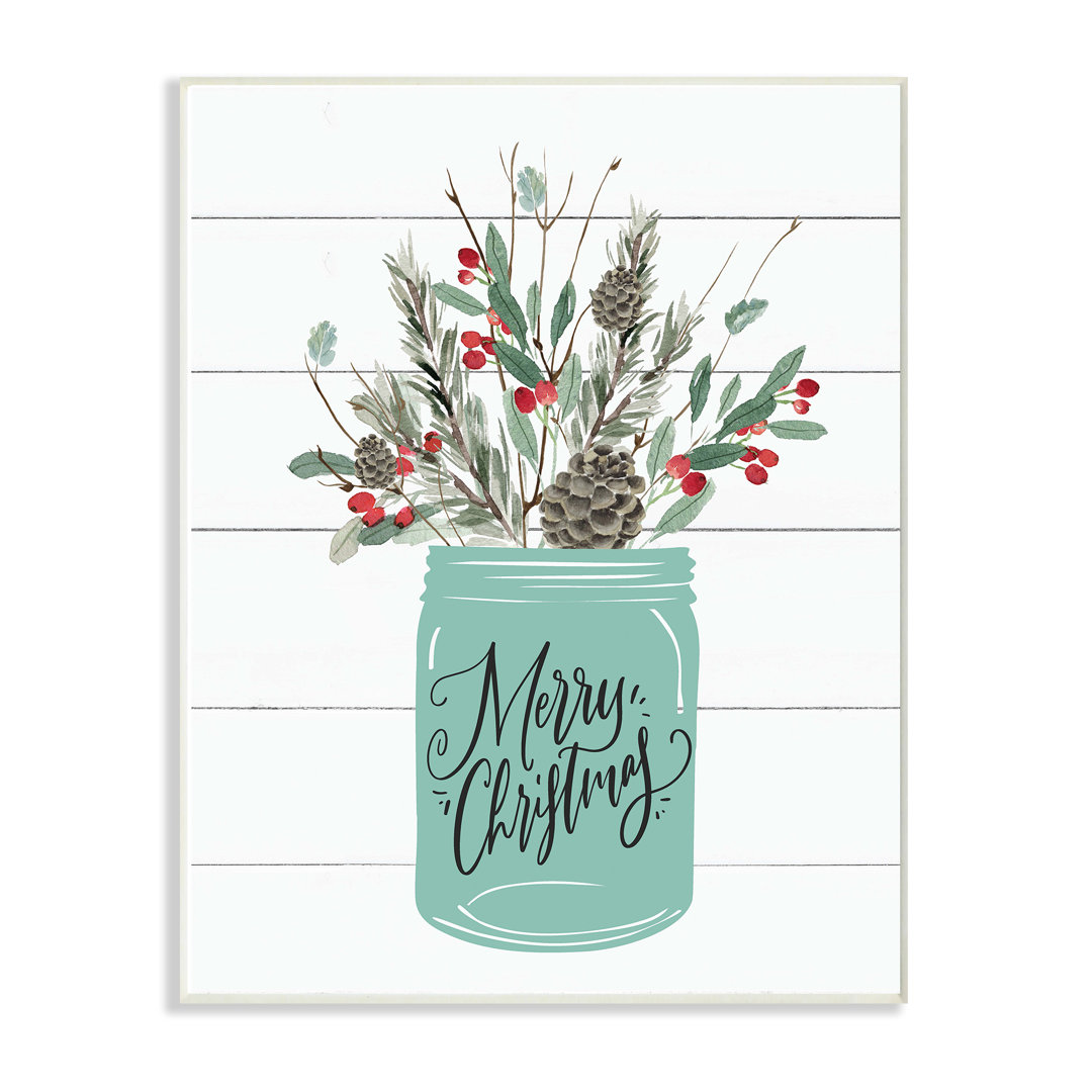 " Holiday Merry Christmas Mason Jar With Holly And Pinecones " The Holiday Aisle® 