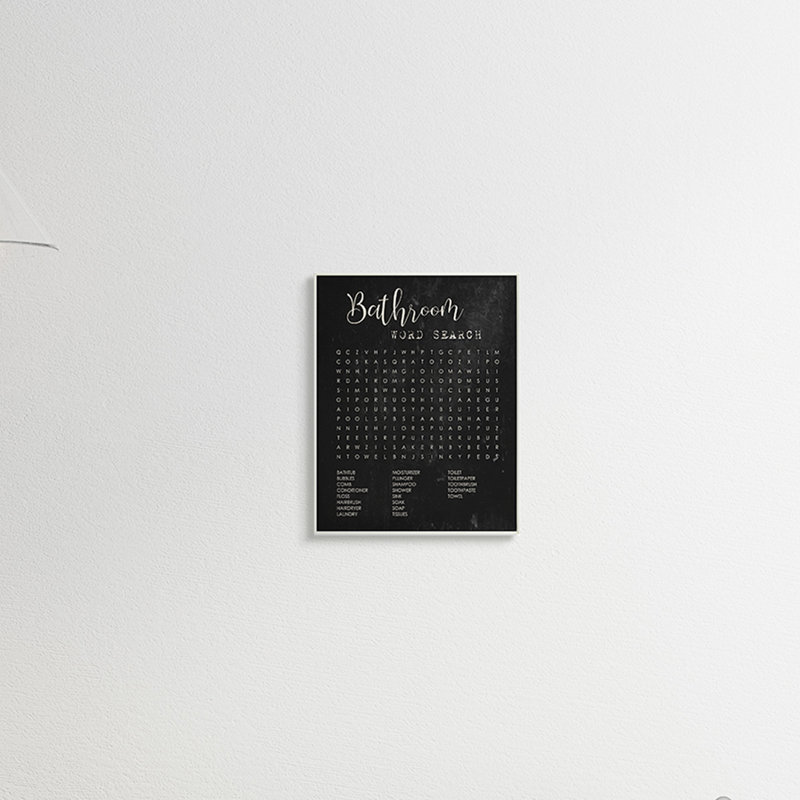 Salle de bain, recherche de mots sur fond noir vieilli, H 14 po x l 11 po, Giclée encadrée noir minuit