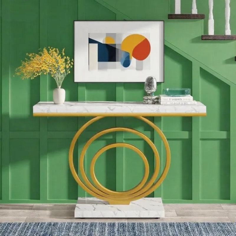 Console moderne à cadre doré, table d'entrée effet marbre avec piètement en anneau géométrique en métal