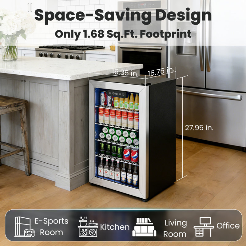 IUDommy 15.4'' W 130 Cans 1.7 Cubic Feet Freestanding/Built-In Wine & Beverage Refrigerator With Glass Door, Silver, Silver