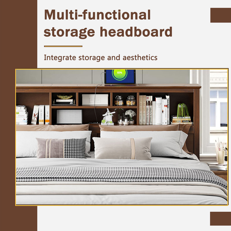 Multi-function King Size  Platform Bed with Sockets, USB, 6 open Storage Compartments and Drawers, Wood