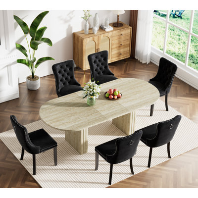 Extendable Dining Table Set, Rustic Oval Dining Room Table & Velvet Dining Chairs with Wood Leg, 62.99" -78.74" Dining Table and Chairs Set, Modern Dining Table Set