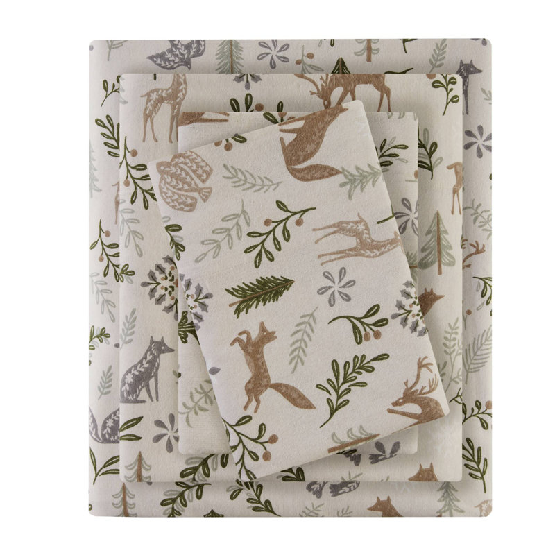Cozy Flannel 100% Cotton Sheet Set, Full / Double Sheet Set with 2 Pillowcases, Tan Woodland Winter Animal