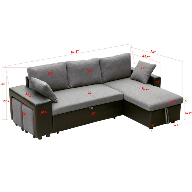 92.62" Pull Out Reversible Sleeper Sectional Sofa Bed with Storage Chaise