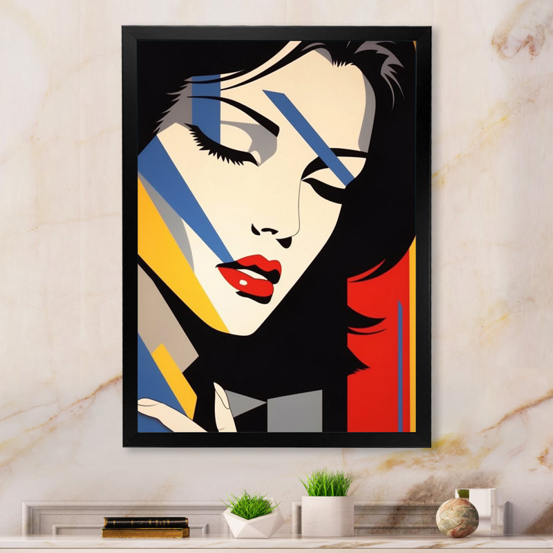 Rétro portrait de femme Pop art - impression, H 44 po x l 34 po x P 1,5 po, Cadre photo noir