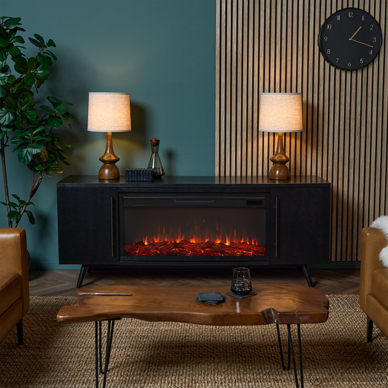 Morris 72" Mid-Century TV Stand with Electric Fireplace by Real Flame, Black, Standard