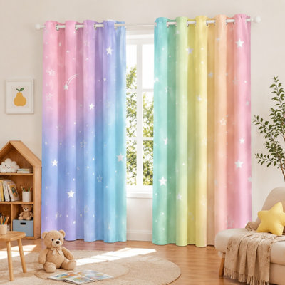 2Pcs rideaux étoiles dégradés arc-en-ciel pastel, ombre de ciel étoilé, blocage du soleil, lumière filtrante douce décorative pour la chambre des enfants, salle de jeux pour la maison