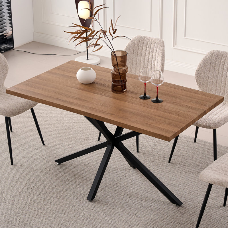 55.1" Rectangle Dining Table for 2 4, Small Mid Century Modern Kitchen Table with Metal Cross Legs for Apartment, Dining Room