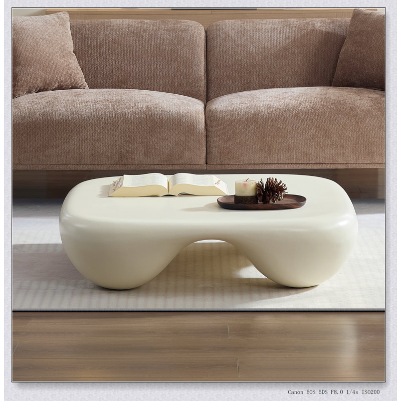 Table basse moderne en faux travertin texturé, élégante et durable pour le salon et le bureau, Blanc