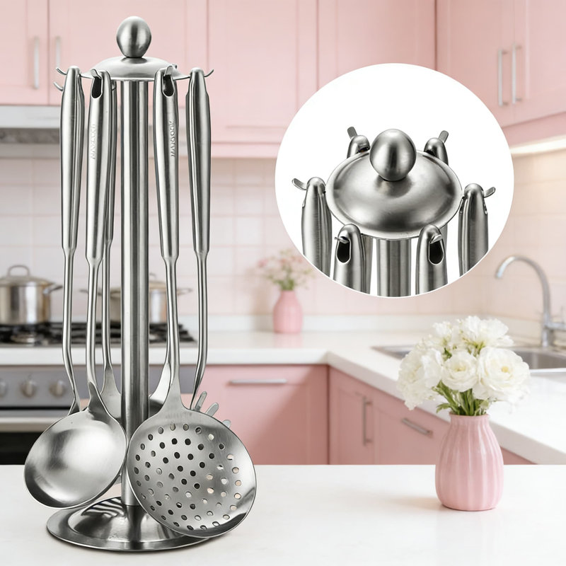 Ensemble d'ustensiles de cuisine 7 pièces en acier inoxydable avec support rotatif, batterie de cuisine en acier inoxydable 304, cuillères de cuisson résistantes à la chaleur, lavable au lave-vaisselle, conception peu encombrante