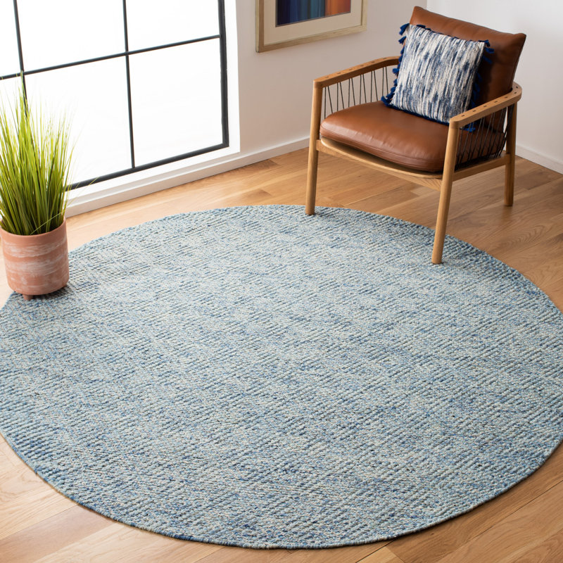 Tapis géométrique bleu en laine et coton tissé à la main Tulane, Rond 7 pi