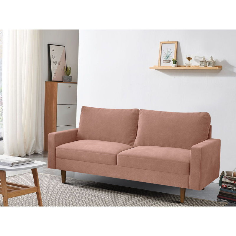 Causeuse à accoudoirs carrés, Velours rose, H 35 po x l 60 po x P 33 po