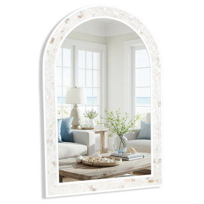 Arched Bathroom Mirror 24x36 Inch, Natural Shell and White Framed Mirrors with Tempered Glass for Bathroom Living Room Bedroom or Entryway