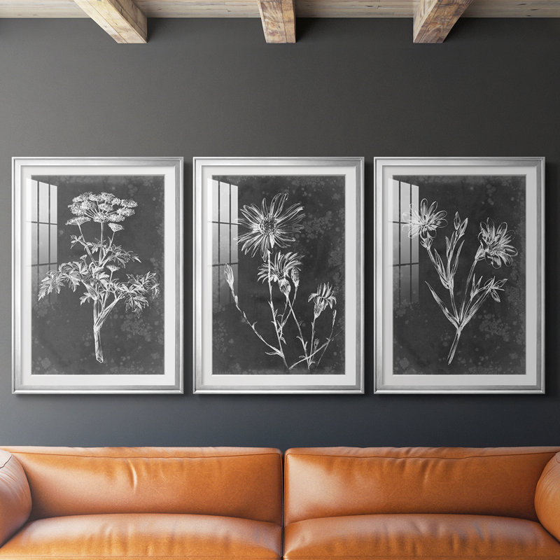 Ardoise florale II - reproduction encadrée sur mesure de qualité supérieure mate - 3 pièces, H 27 po x l 39 po, Argent argent