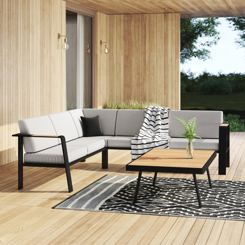 Ensemble de conversation modulaire en teck avec coussins 4 pièces Raven, Taupe