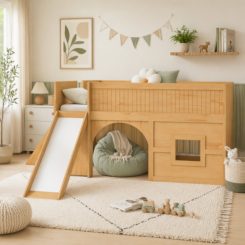 Lit simple superposé au dessus d'un lit double avec escalier de rangement, tablette, glissade et garde-robe, blanc et espresso