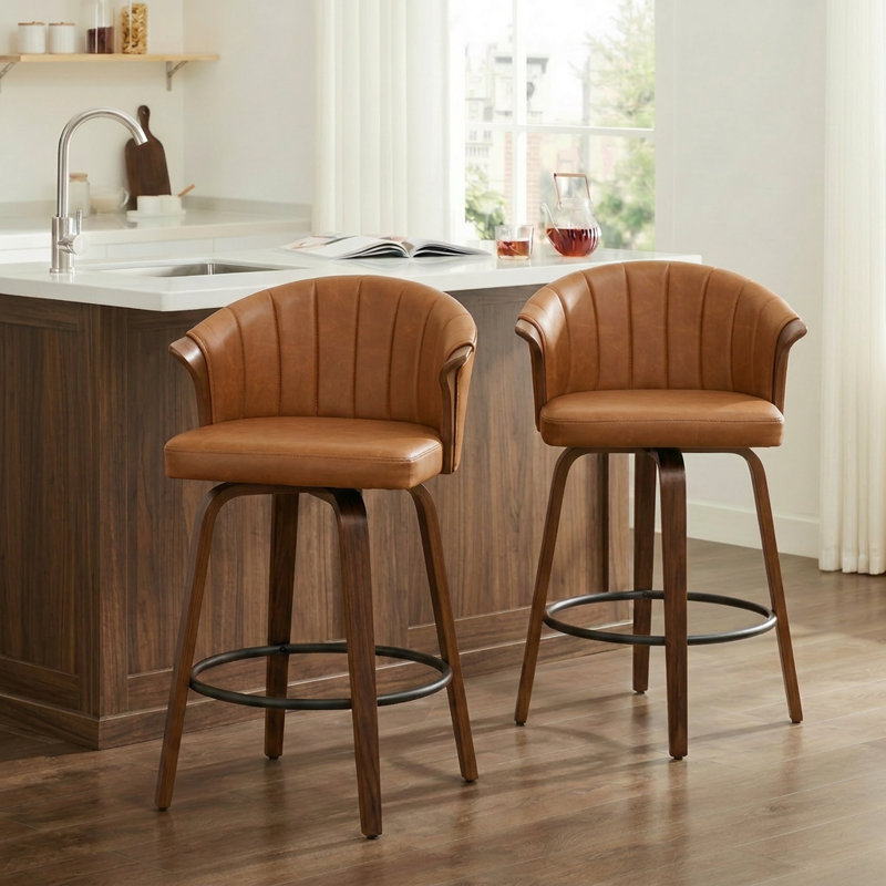 Tabouret de comptoir pivotant rembourré avec structure en bois Devault, Brun