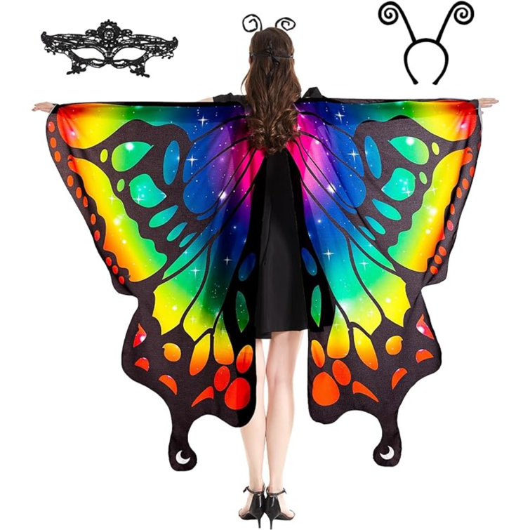 Halloween Butterfly Costume For Women - Adult Wings Cape Shawl With Lace Mask And Antenna Headband