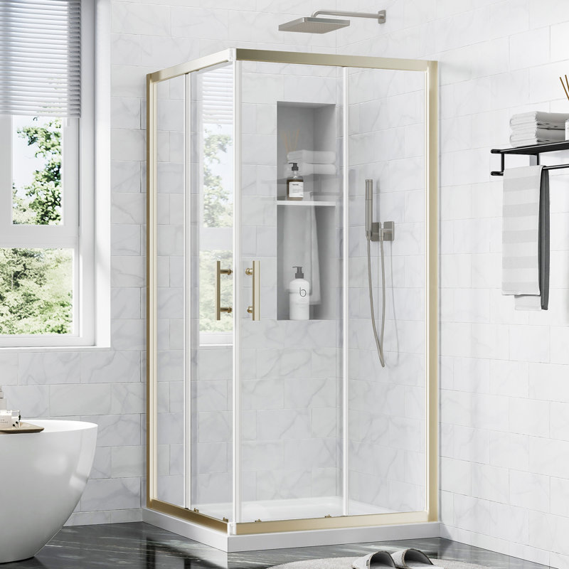 Cabine de douche d'angle 36 "x 36" x 72 "avec portes coulissantes doubles, verre trempé 1/4" avec film de sécurité, largeur réglable et conception imperméable or