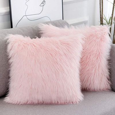 Set Of 2 Pink Fluffy Pillow Covers New Luxury Series Merino Style Blush Decorative Throw Pillow Covers Square Fuzzy Cushion Case 18X18 Inch