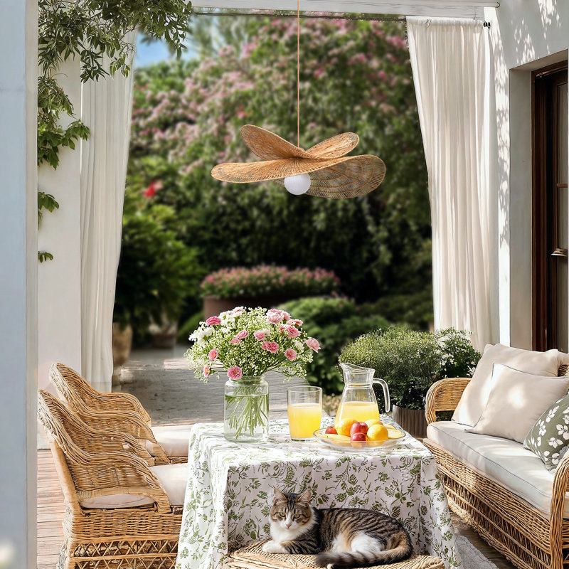 Whisper Leaf Outdoor Rattan Pendant Light - Large Natural Poly Novelty 1-Light Handwoven Adjustable Outdoor Hanging Light For Covered Patio, Entryway In Coastal, Farmhouse, Country & Rustic Style