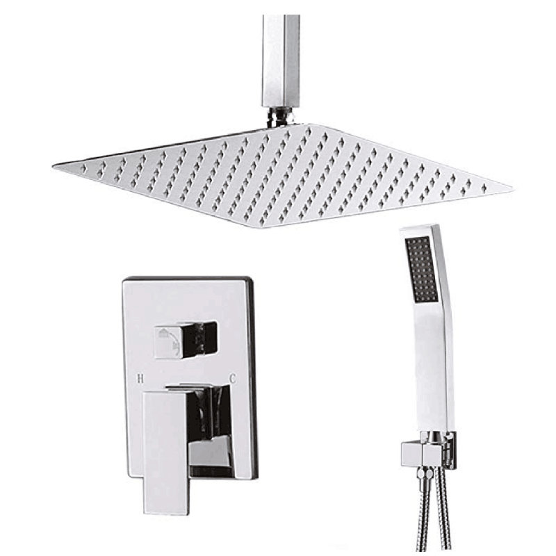 Bathroom Luxury Rain Mixer Combo Set Wall Mounted Rainfall Shower Head System Polished Chrome, (Contain Faucet Roughin Valve Body And Trim)