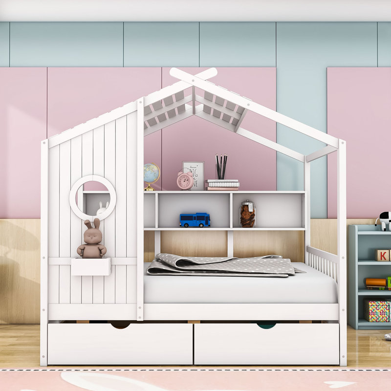 Lit plateforme en bois avec 2 tiroirs Alakai, Blanc, Complète