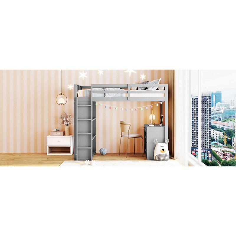Lit mezzanine avec tablettes et bureau, Gris, Lit simple